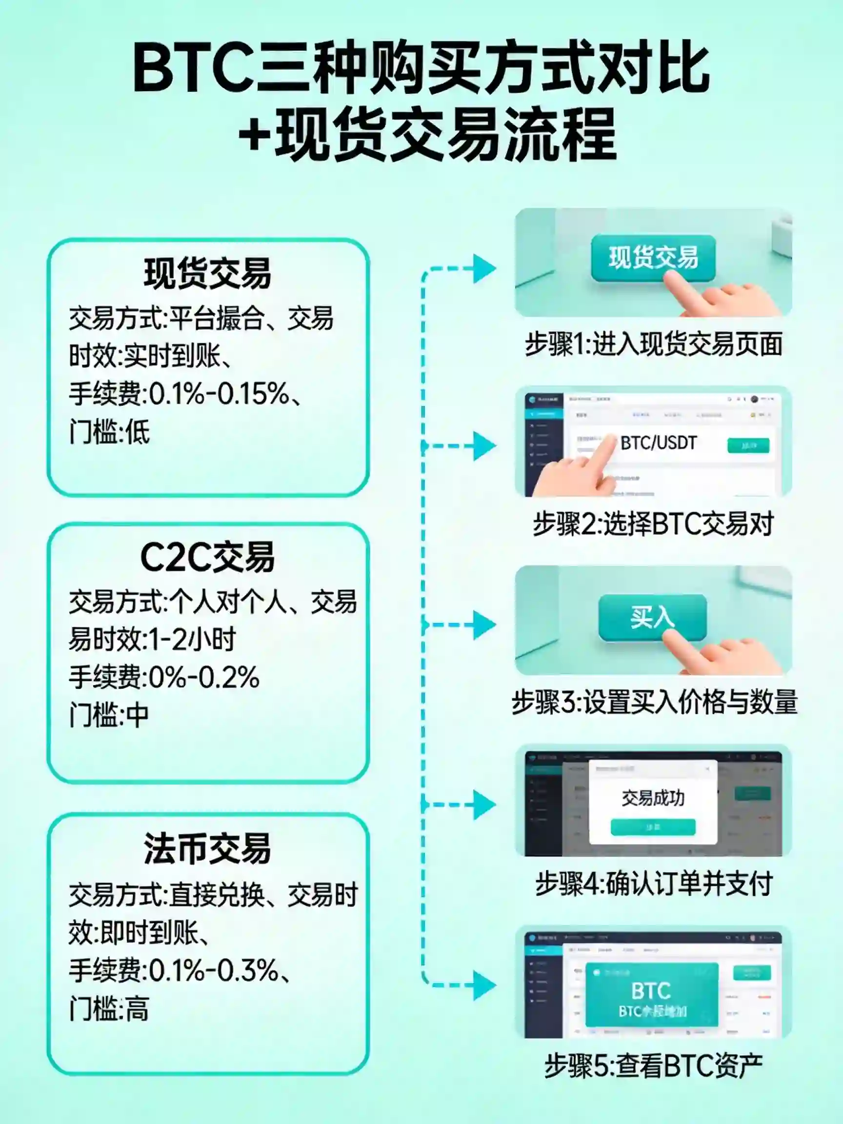 三种BTC购买方式对比+现货交易流程示意图