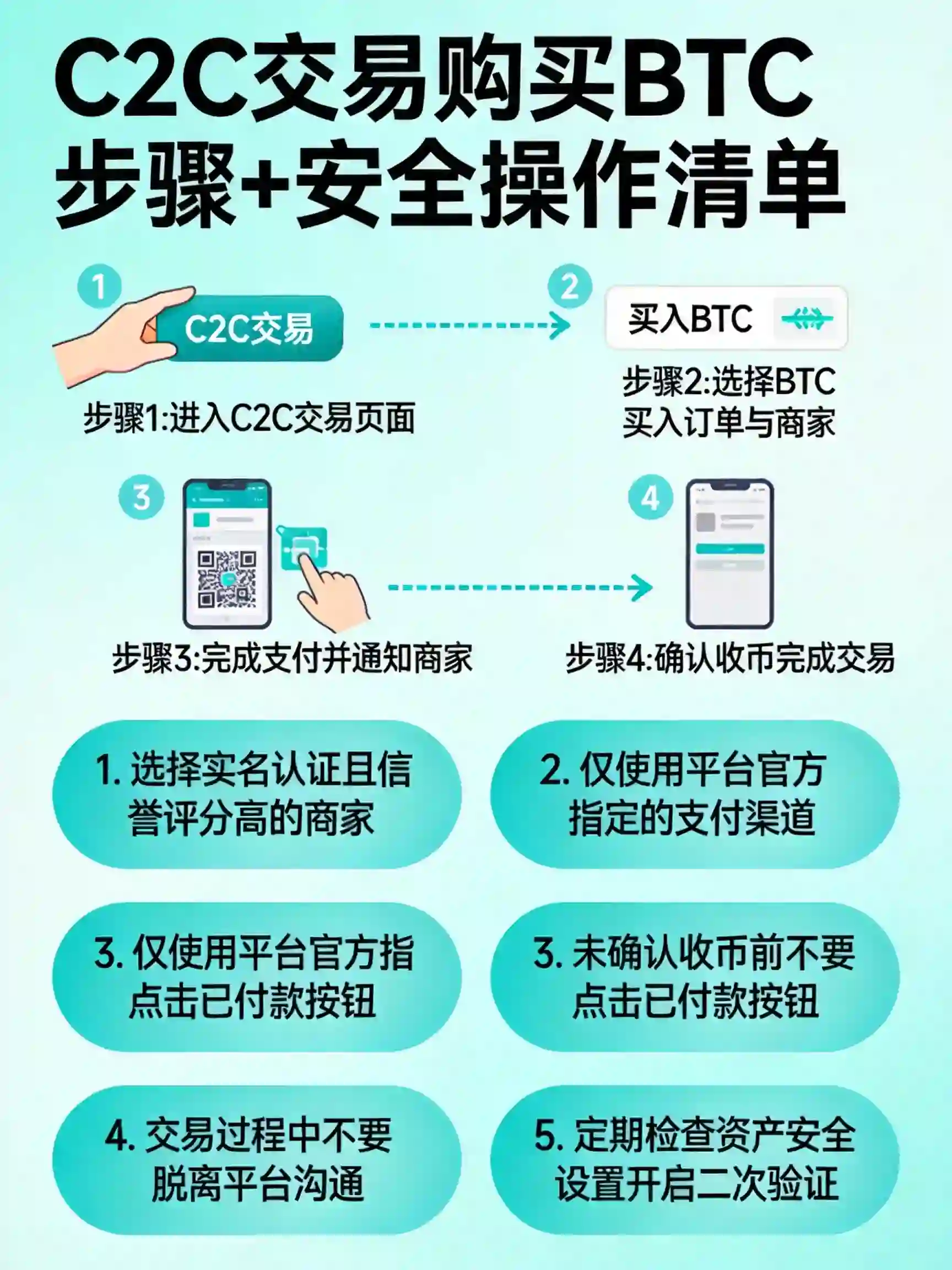 C2C交易购买BTC步骤+账户安全操作清单示意图