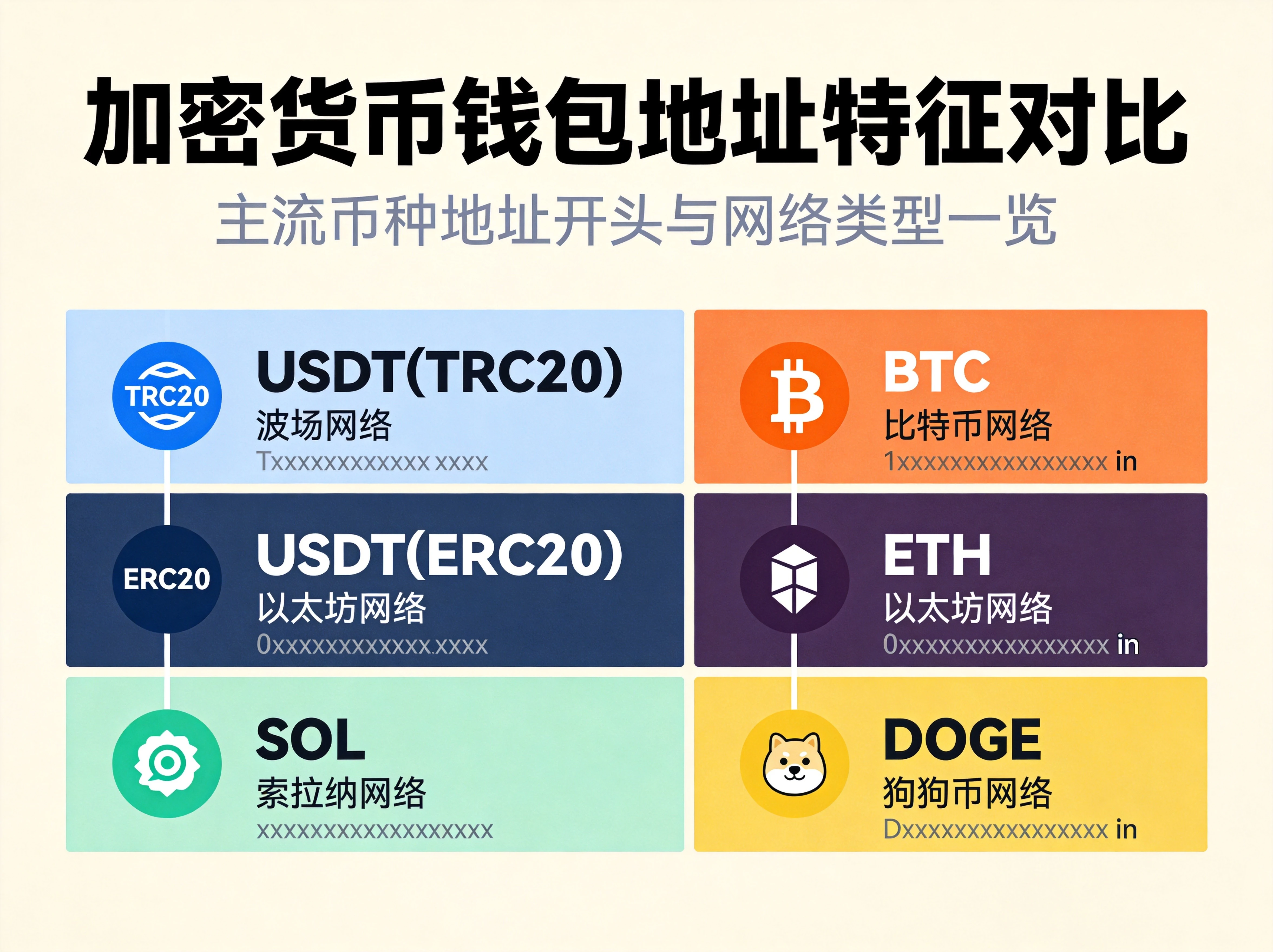 主流加密货币钱包地址特征对比图，展示USDT(TRC20/ERC20)、BTC、ETH、SOL、DOGE等币种的地址开头标识和网络类型示例