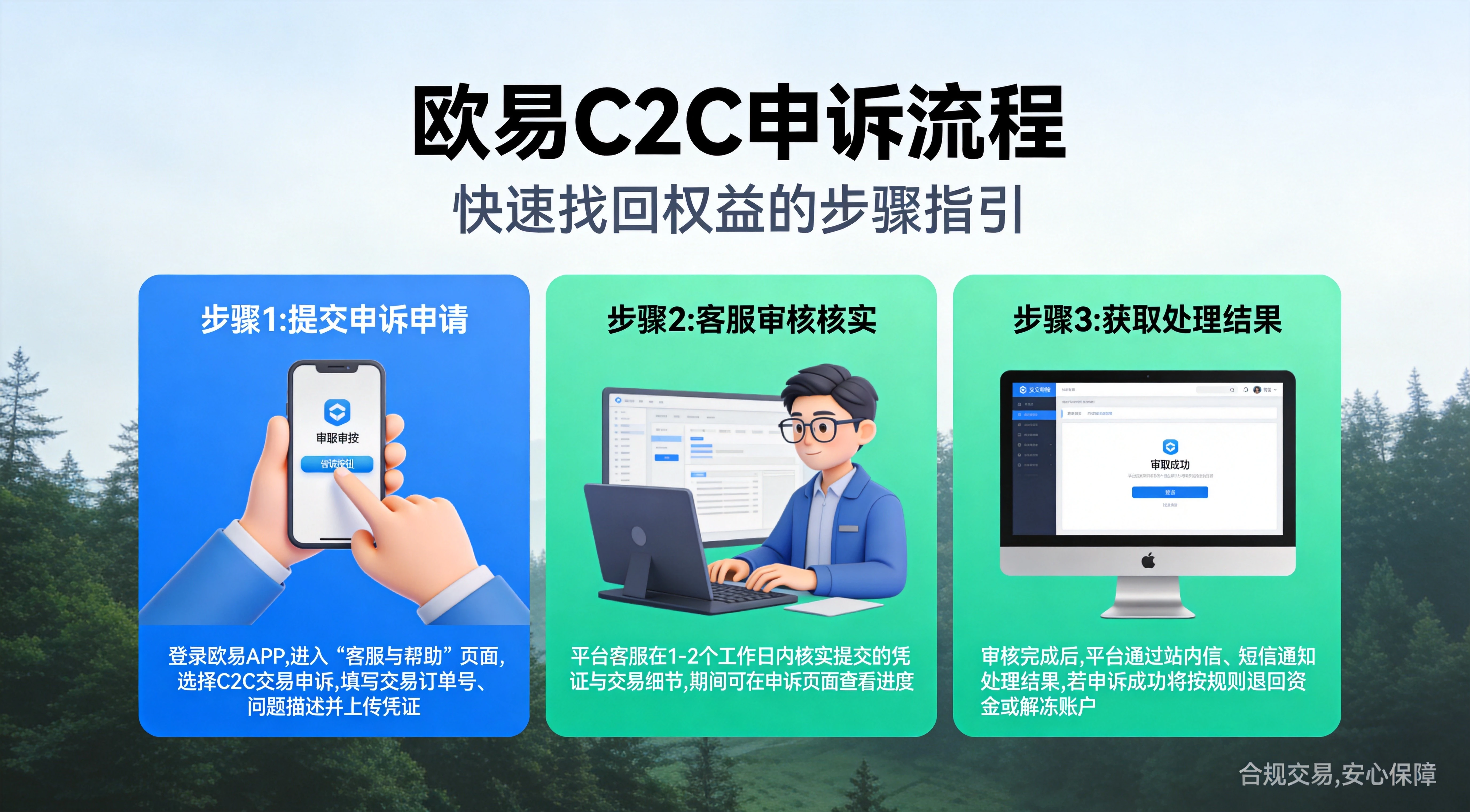 欧易C2C申诉流程与预防措施信息图，涵盖申诉4步流程、申诉失败应对与交易预防措施，蓝绿安全财经风格